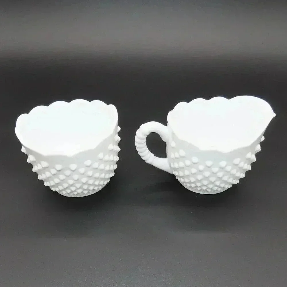 Vintage Fenton Oval Hobnail Milk Glass Sugar Bowl Creamer Set 1950s 1960s